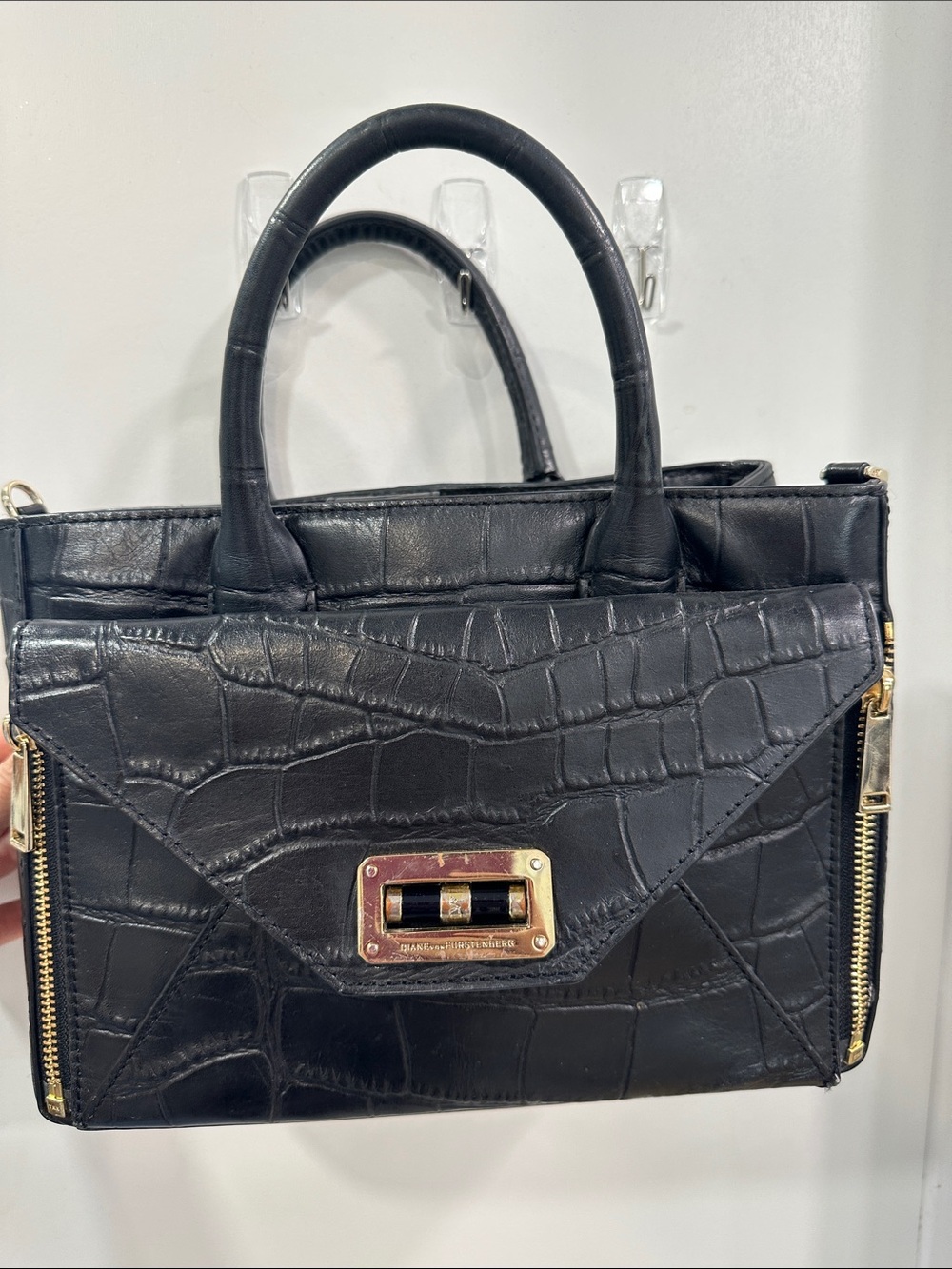 Diane Von Furstenberg Structured Croc-Embossed Black Satchel Handbag